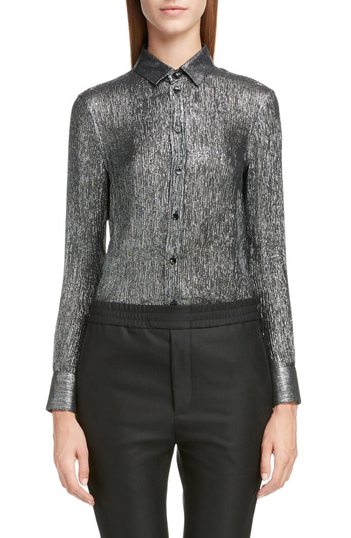 Women's Saint Laurent Silk Blend Lame Blouse Us / 36 Fr - Black