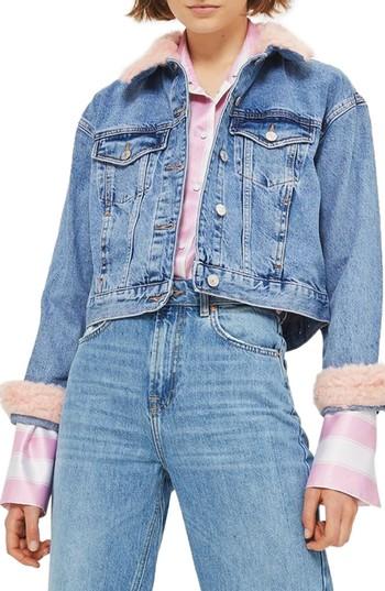 Women's Topshop Tilda Faux Fur Crop Denim Jacket Us (fits Like 0) - Blue