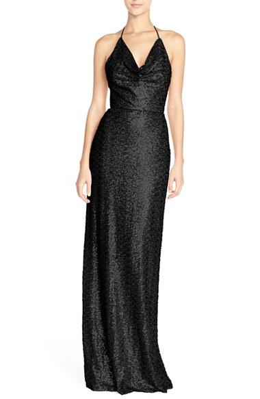 Women's Amsale 'honora' Draped Sequin Tulle Halter Gown - Black