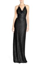 Women's Amsale 'honora' Draped Sequin Tulle Halter Gown - Black