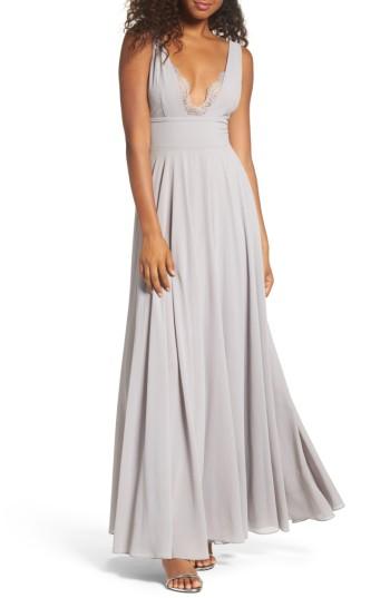 Women's Lulus Lace Trim Chiffon Maxi Dress - Grey