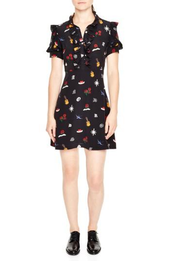 Women's Sandro Ruffle Trim Tattoo Print Silk Dress - Black