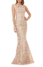 Women's Kay Unger Sleeveless Metallic Embroidery Mermaid Gown - Beige