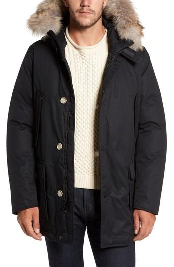 Men's Woolrich John Rich & Bros. Laminated Cotton Down Parka With Genuine Coyote Fur Trim, Size - Black