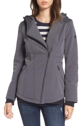 Women's Guess Asymmetrical Soft Shell Coat - Grey