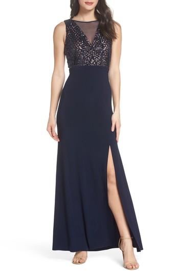 Women's Morgan & Co. Sequin Bodice Illusion Neck Gown /12 - Blue