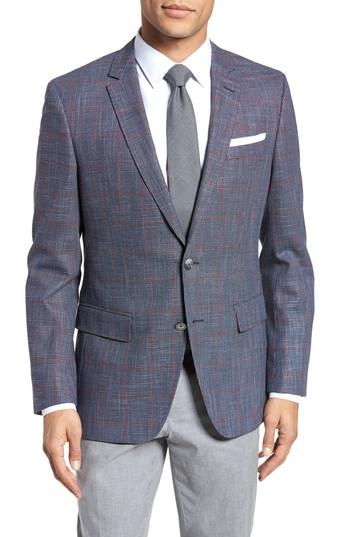 Men's Boss Hutsons Trim Fit Stretch Windowpane Wool Blend Sport Coat R - Blue
