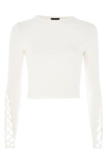 Women's Topshop Lattice Sleeve Ribbed Top Us (fits Like 0-2) - Ivory