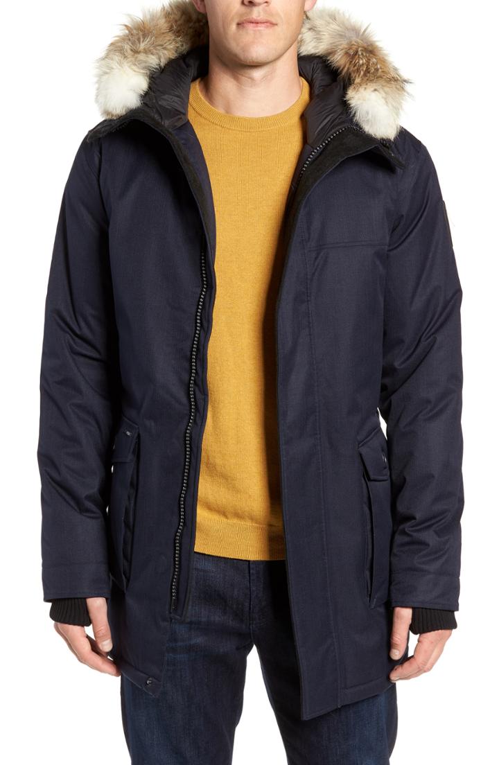 Men's Nobis Yves Windproof & Waterproof 650 Fill Power Down Parka With Genuine Coyote Fur Trim, Size - Blue