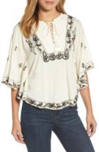 Women's Lucky Brand Embroidered Lace Up Peasant Top - Ivory