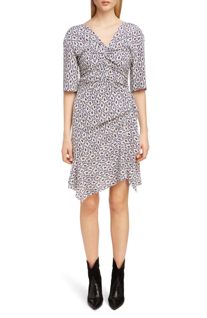 Women's Isabel Marant Ruched Print Stretch Silk Dress Us / 34 Fr - Blue