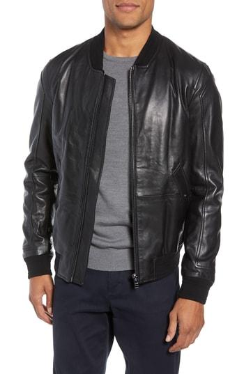 Men's Boss Arinos Leather Bomber Jacket R - Black