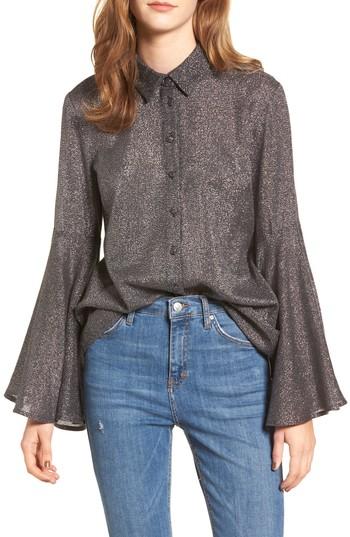Women's Lost Ink Sparkly Bell Sleeve Shirt, Size - Black