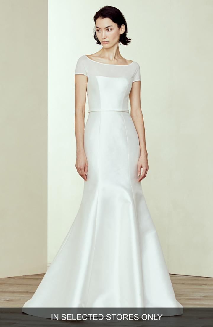 Women's Amsale Denver Silk & Wool Bateau Neck Weddding Dress, Size In Store Only - Ivory
