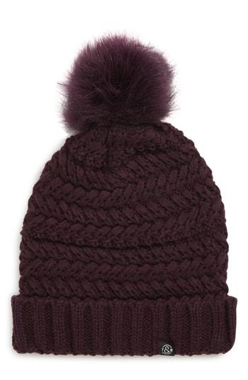 Women's Treasure & Bond Cable Knit Beanie With Faux Fur Pom - Purple