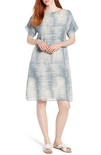 Women's Eileen Fisher Bateau Neck Silk Shift Dress, Size - Blue