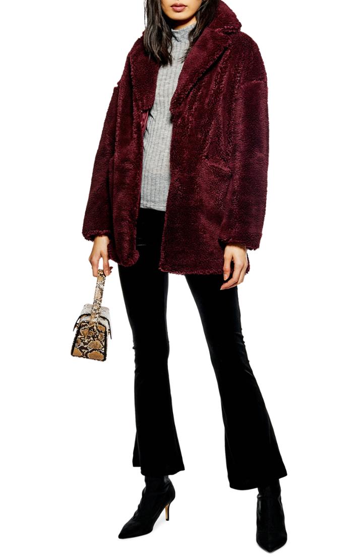 Women's Topshop Bobby Faux Fur Coat Us (fits Like 0) - Burgundy