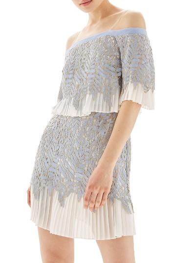 Women's Topshop Bardot Leaf Pleat Minidress Us (fits Like 0) - Grey