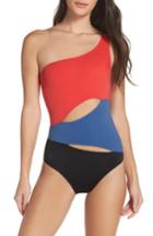 Women's Solid & Striped One-shoulder One-piece Swimsuit - Red