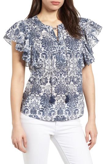Petite Women's Caslon Flounce Sleeve Lace-up Blouse, Size P - Ivory