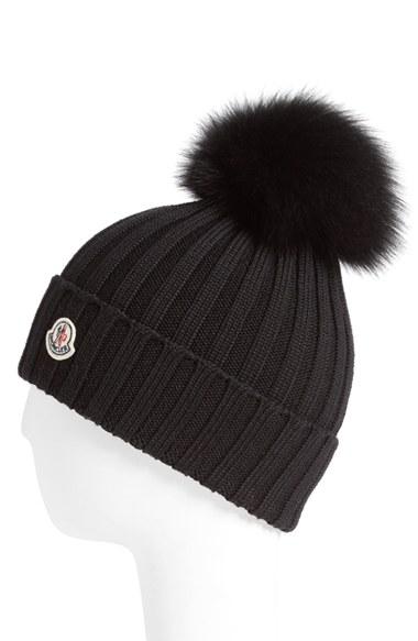 Women's Moncler Genuine Fox Fur Pom Ribbed Wool Beanie -
