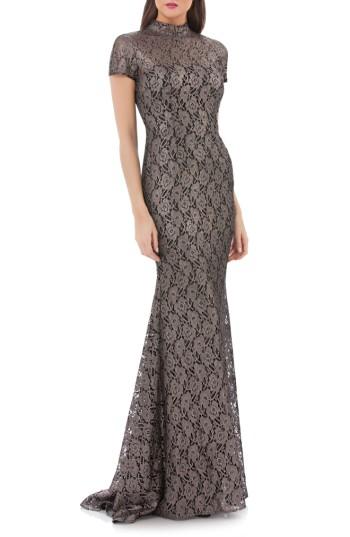 Women's Carmen Marc Valvo Infusion Mock Neck Lace Gown - Metallic