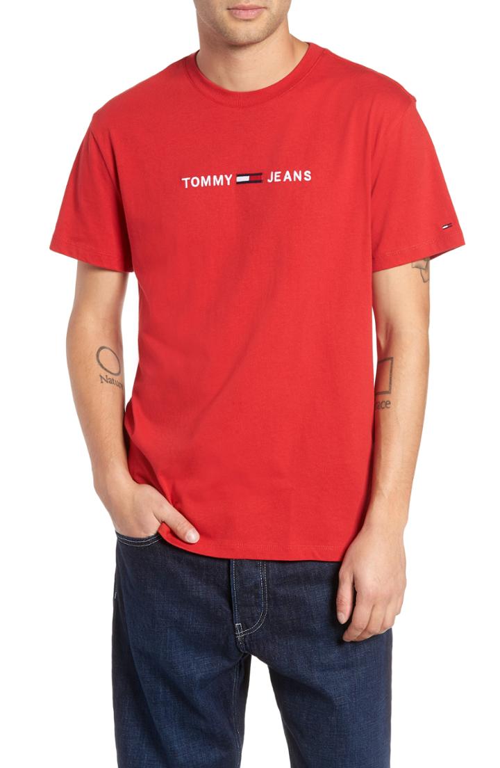 Men's Tommy Jeans Small Text Embroidered T-shirt, Size - Red