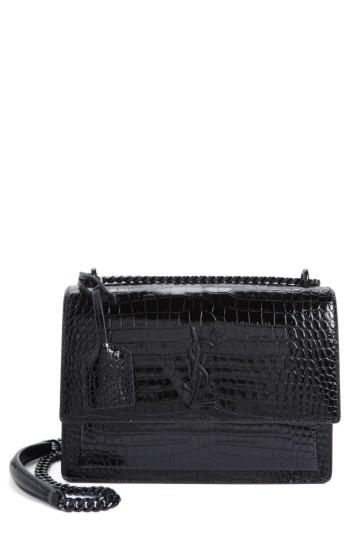 Saint Laurent Medium Sunset Croc Embossed Leather Shoulder Bag - Black