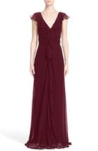 Women's Carolina Herrera Ruffle Detail Silk Chiffon V-neck Gown - Burgundy