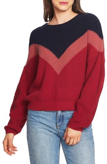 Women's 1.state Chevron Front Shaker Crewneck Cotton Sweater, Size - Red