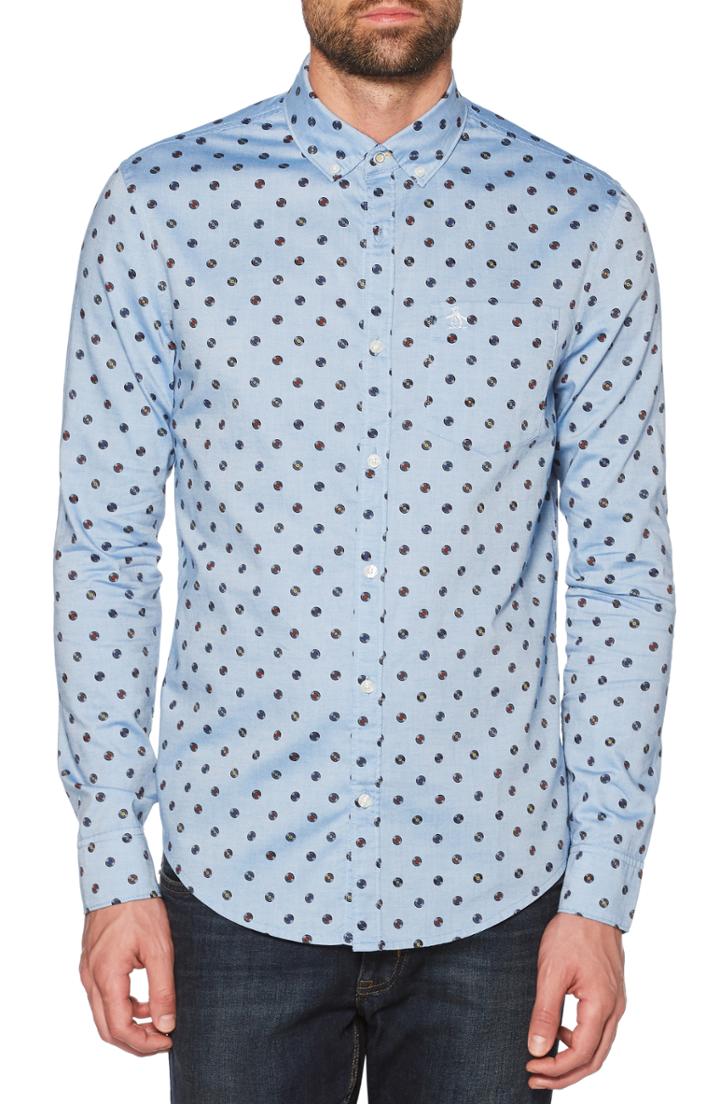 Men's Original Penguin Records Print Sport Shirt, Size - Blue