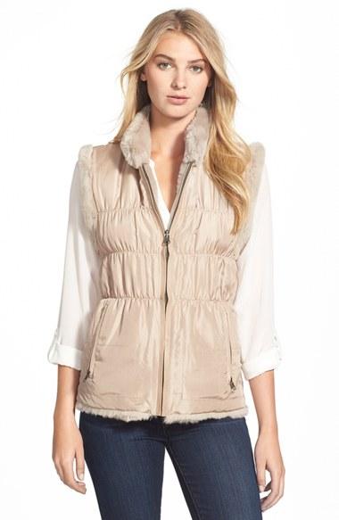 Women's Linda Richards Reversible Genuine Rabbit Fur & Ruched Silk Vest With Knit Back - Beige