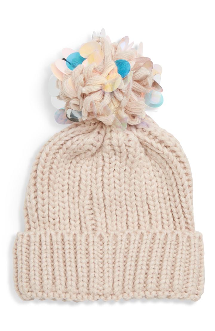 Women's Tasha Sequin Pompom Beanie - Coral