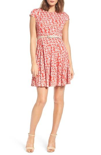 Petite Women's Eliza J Print Fit & Flare Dress P - Coral
