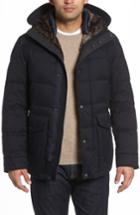 Men's Cole Haan Faux Fur Trim Mixed Media Hooded Down Jacket, Size - Blue