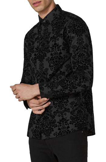 Men's Topman Slim Fit Flocked Shirt - Black