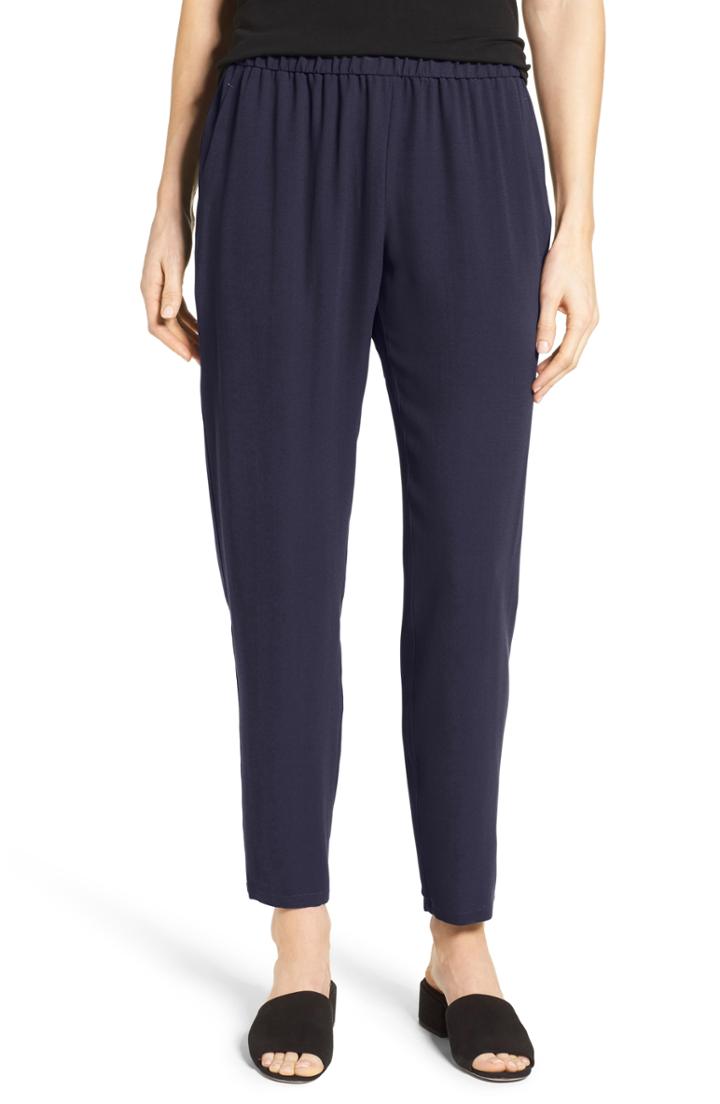 Petite Women's Eileen Fisher Slouchy Silk Crepe Ankle Pants P - Blue