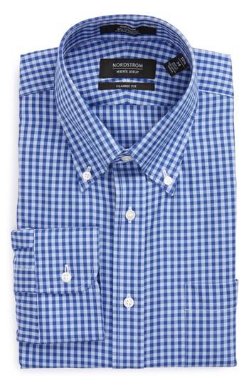 Men's Nordstrom Men's Shop Classic Fit Non-iron Gingham Dress Shirt - 36 - Blue (online Only)