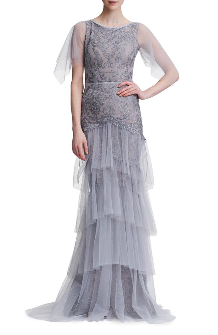 Women's Marchesa Notte Embroidered Tiered Tulle Gown