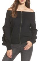 Women's Bp. Ruffle Off The Shoulder Bomber, Size - Black