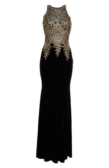 Women's Xscape Gold Embroidered Velvet Gown