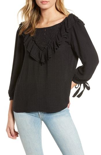 Women's Hinge Eyelet Ruffle Top, Size - Black