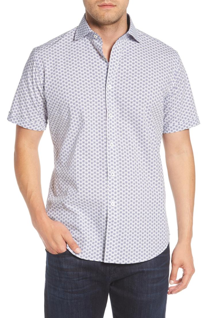 Men's Bugatchi Shaped Fit Dot Circle Print Sport Shirt - White