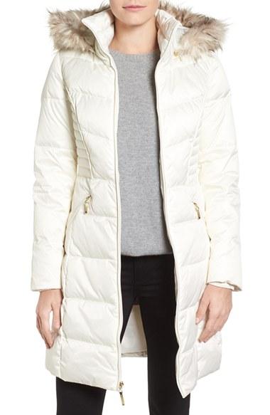 Women's Ellen Tracy Faux Fur Trim Matte Satin Down Coat - White