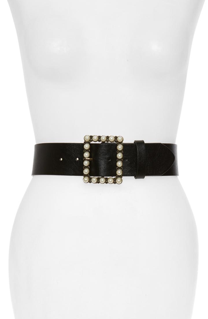 Women's Halogen Imitation Pearl Buckle Leather Belt /small - Black