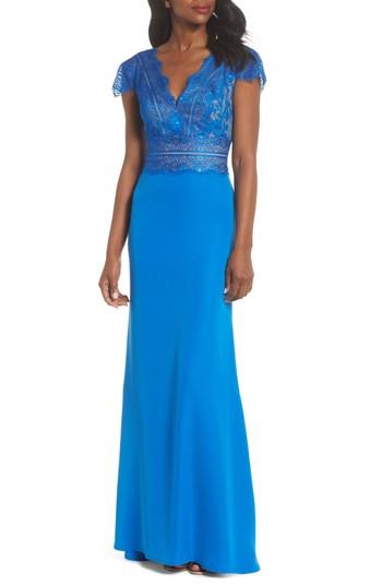 Women's Tadashi Shoji Lace & Crepe A-line Gown - Blue