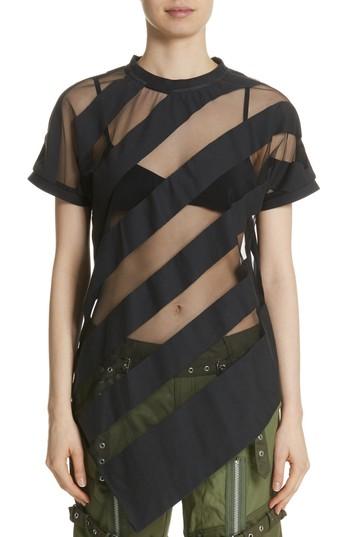 Women's Marques'almeida Devore Asymmetrical Sheer Stripe Tee - Black