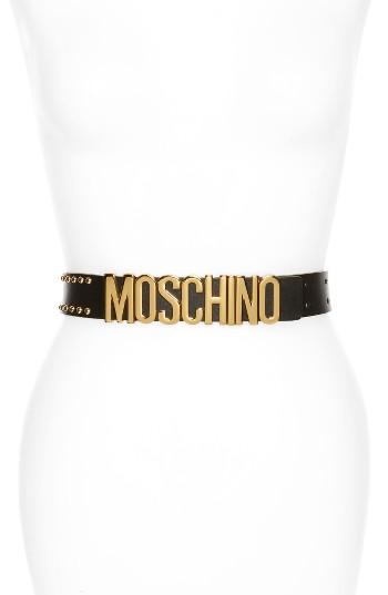 Women's Moschino Logo Plate Studded Leather Belt
