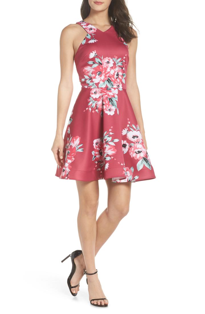 Women's Sequin Hearts Floral Scuba Fit & Flare Dress