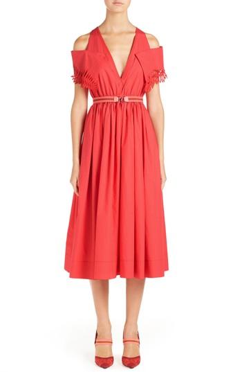 Women's Fendi Cold Shoulder Taffeta Midi Dress Us / 40 It - Red